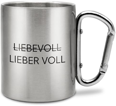 Prozente Momente Lieber voll | Edelstahl-Trinkbecher mit Karabinerhaken | Geschenkidee | 330 ml | Becher | Camping | Vereine | Silber