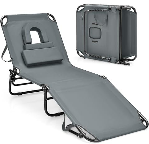 GOPLUS Sonnenliege klappbar, Gartenliege mit Gesichtsöffnung & abnehmbaren Kissen zum Sonnenbaden, Liegestuhl mit 5-stufig Verstellbarer Rückenlehne, Relaxliege für Garten Strand Camping (Grau)