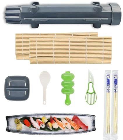YFPOPONE Sushi Making Kit 9 Pcs, Beginner Sushi Set DIY Sushi Kit, Sushi Maker Includes Onigiri Mould Sushi Bazooka（Grey, Sushi Plate for Dipping Saucer, Sushi Set for Home Kitchens