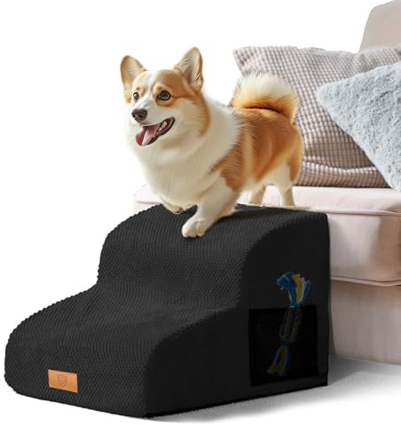 Masthome Escalera para Perros, Escaleras para Animales de Espuma 2 Escalones, Escalera para Mascota con Funda de Tela Extraíble y Lavable, para Perros Mayores, Gatos, Negro