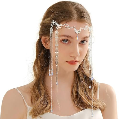 MELLIEX Kopfkette Sliber Lange Quaste Kopfschmuck Wassertropfen Haarkette Boho Kopfschmuck für Frauen und Mädchen