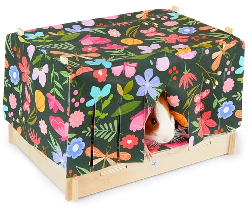 Hedgeink Guinea Pig Bed Wooden Hamster House with Waterproof Mat Rabbit Hideout Small Animal Hide Cage with Door Curtain for Hedgehog Chinchilla Bearded Dragon Ferret Bunny