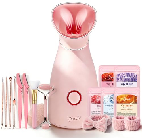 Pjordo Facial Steamer Spa Kit, 12 Skin Care Tools & 5 Jelly Mask Powder, Nano Ionic Steamer for Facial Deep Cleaning Unclog Pores Sinuses, Warm Mist Humidifier for Home SPA, Mothers Day Gifts for Her