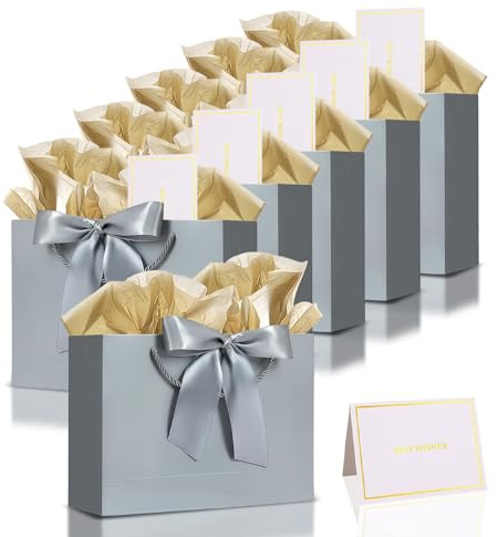 6 pièces Sacs Cadeaux Gris Argenté,Pochettes Cadeau en Papier Moyen avec Anse,Emballage Cadeaux avec Ruban d'Arc 6 Cartes 12 Mouchoirs,Paquet Luxe Elégantes pour Anniversaires Mariages Fêtes Noël