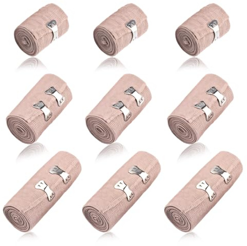 Zyiphor 9 Pezzi 4,5m Bende Elastiche per Bendaggi, Garza Elastica per Fasciatura 5/7,5/10cm Bendaggio Elastico Bendaggio Compressivo con Clip Metalliche per Polsi, Caviglie, Distorsioni del Ginocchio