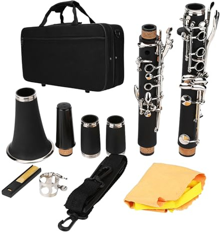 FAUOSWUK Clarinetto BB, Strumento a Legna Discendente B Tono 17 Clarinetto Bachelite Chiave con Panno per Pulizia di Canne per Band di Musica Jazz Classica