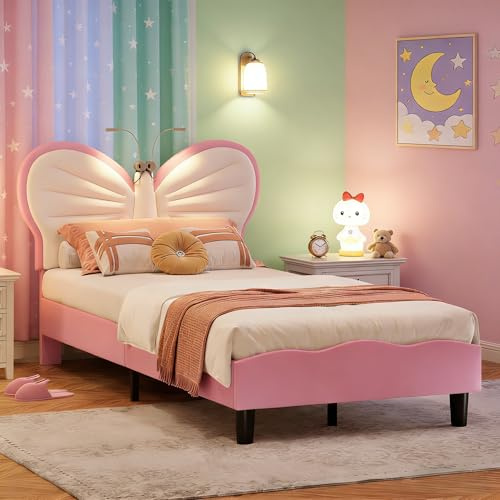 Aneutr Barnsäng på 90 x 200 cm med ribbotten, enkelsäng, klädd säng för flickor, ungdomssäng, prinsessäng med fjärilsformad huvudgavel och läslampa (rosa fjäril, 90 x 200)