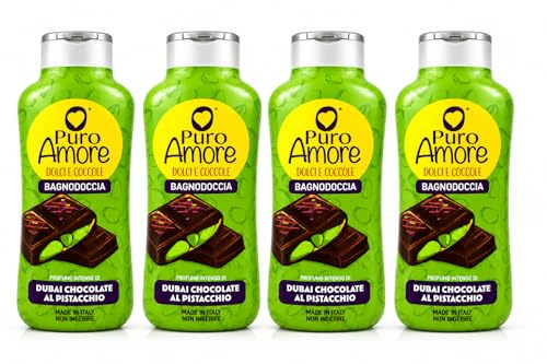 Bagnodoccia Dolce e Coccole Dubai Chocolate al Pistacchio, Bagno Doccia Profumato Gourmand, Doccia Schiuma Idratante, Profumo Dolce Intenso, Made in Italy - 4 Unita da 650ml