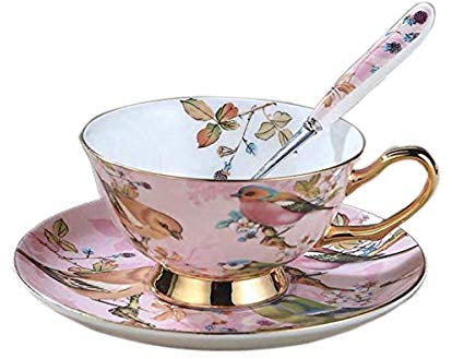YBK Tech Euro Style Set de Tasses et Soucoupes en Porcelaine Osseuse, Tasse à thé et Café en Céramique pour la Maison, la Cuisine et le Mariage - Motif Oiseaux (Rose Clair)