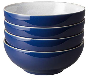 Denby - Elements Dark Blue Cereal Bowls Set of 4 - Dishwasher Microwave Safe Crockery 820ml 17cm - Navy Blue, White Ceramic Stoneware Tableware - Chip & Crack Resistant Soup Bowls
