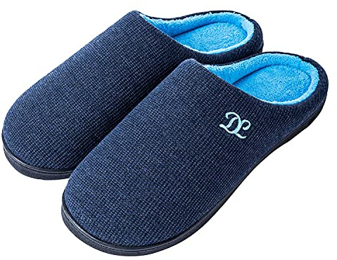 DL Men's Memory Foam Slippers, Indoor House Slippers, Non-Slip Hard Rubber Sole, Warm Soft Flannel Lining, Black, Gray, Navy, Size 9-10, Men's Slip-On Slippers