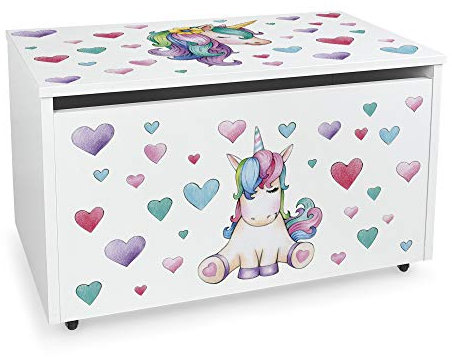 Leomark contenitore portagiochi in legno, panca su ruote 71x40x46 cm(A) 91L, scatola con coperchio, mobili per camera da letto e asili, scuole, uffici, cassapanca per bambini, stampa UV - Unicorno