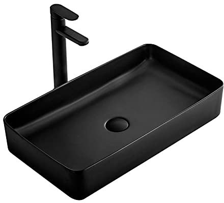 Rea Waschbecken Waschtisch Aufsatzwaschbecken Keramik Hochglanz Handwaschbecken Schwarz Matt Aufsatz Waschschale Rechteckig 35x60