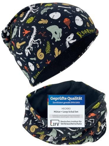 HECKBO Kindermütze Winter Beanie & Halstuch Set - Dinosaurier - 2-8 Jahre - 95% Baumwolle mit Fleece Innen (48–54 cm)