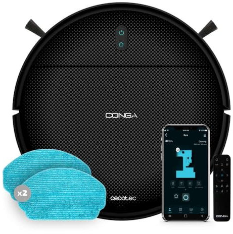 Cecotec Robot Aspirador con Navegación Giroscópica Conga 999 Map X-Treme. Motor de Succión 2000Pa, 2 Cepillos Laterales, 2 Mopas de Fregado, Autonomía 120 mins, Control con App y Mando