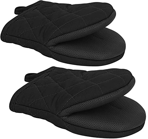 1 Pair Short Oven Mitts - Silicone Kitchen Oven Gloves High Heat Resistant 500℉, Mini Oven Mits with Non-Slip Grip Surfaces and Hanging Loop for BBQ, Baking, Cooking and Grilling (Black)
