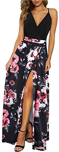 UUAISSO Robe Boho d'été pour Femme Bretelles Spaghetti Col en V Couleur Unie Floral Plage Longue Robe Maxi Fleuri Noir L