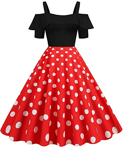 Wellwits Femme Robe Vintage des Années 1950 avec Bretelles Volantes Pois