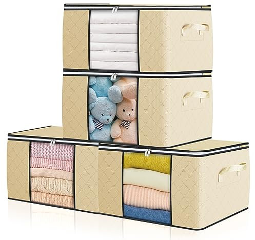 GoMaihe 4 pezzi 90L Scatole per Armadio Grande Capacità, Contenitori per Armadio Salvaspazio Pieghevole, con Manico rinforzato Organizer Armadio, Scatole per Vestiti, Trapunte, Biancheria(Beige)