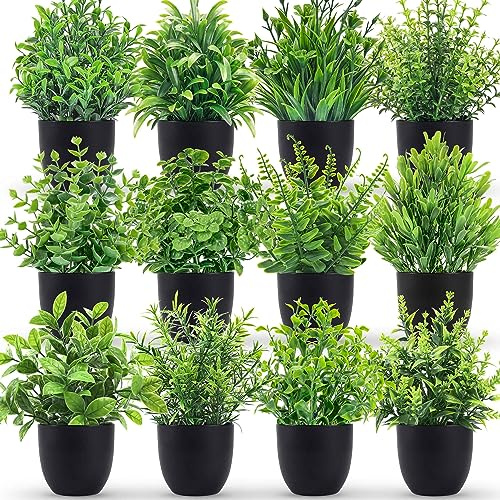Der Rose Fake Plants 12 Pack Artificial Plants Small Faux Plants in Black Pot for Bathroom Home Office Table Decor Indoor(7.1x4.7 inch)