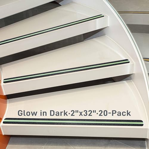 LifeGrip Anti Slip Traction Treads with Glow in Dark Stripe (20-Pack), 2 X 32, Best Grip Tape Grit Non Slip, Outdoor Non Skid Tape, High Traction Friction Abrasive Adhesive for Stairs Step