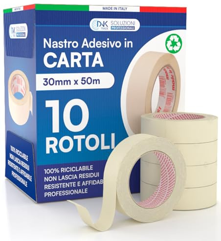 DNK TRADE 10x Cinta de Carrocero Para Pintar y Enmascarar 30mm x 50m - Removible Sin Residuos, Sin Disolventes - Cinta de Pintor Con Papel Uso Profesional y Bricolaje