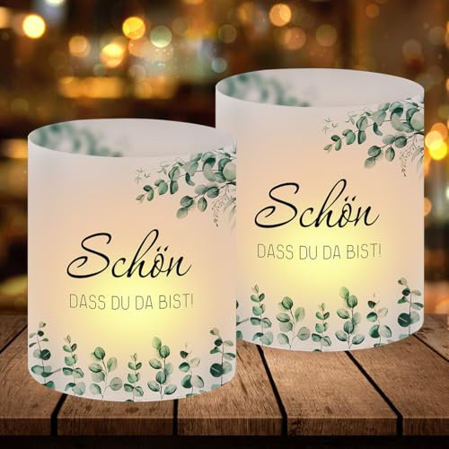 12 Windlicht Tischdeko Schön DASS Du Da Bist, Windlichter Eukalyptus Grün, Windlichter für Geburtstag Hochzeit Konfirmation Kommunion Taufe Tischdeko, Geeignet für Teelichter oder Kerzen