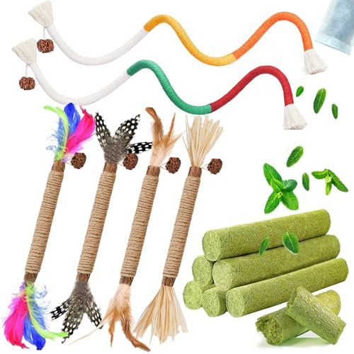 GREMBEB Cat Toys 12Pack Cats Grass Treat Catnip Toy with Silvervine for Indoor Kitten Toys Wood Kitty Chew Rope Grass Sticks for Teeth Cleaning Kitten Snack for Catnip Dental Care Self Play