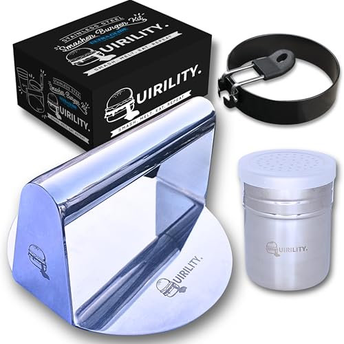 Quirility | Presse Smash Burger Effet Miroir | Kit Smash Burger Professionnel | Presse Burger + Anneau à Œuf + Distributeur d’Épices | Smasher | Smash Burger Press | Presse Smash Burger