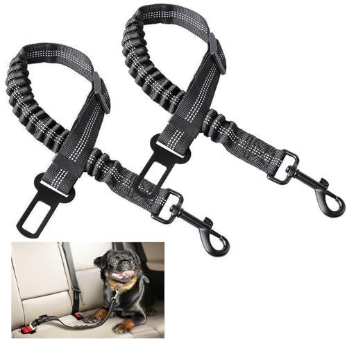 2x Black Dog Seat Belts for Cars, Dog Car Seat Belts, Adjustable Seatbelt Harness Strap for Dogs, Comfortable Pet Travel Gear, Dogs Car Harness SeatBelt with Elastic Nylon Bungee Buffer(2 pack)