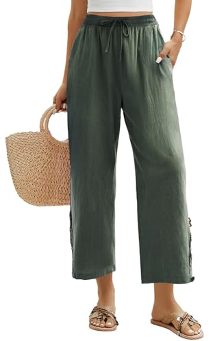 Niwicee Pantaloni Donna Estivi Leggeri Pantaloni 7/8 Cotone Pantalone Gamba Larga Comodi Pantaloni Elastici in Vita Tinta Unita Harem Pants Pantaloni Spiaggia con Tasche(Verde,XXL)