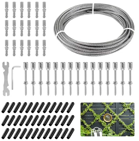 TECKZOON Edelstahl Rankhilfe für Kletterpflanzen mit Kreuzklemmen und 30 Meter Drahtseil, Drahtseilseil Rankhilfe Befestigungsset für Garten Pflanzen Zaun