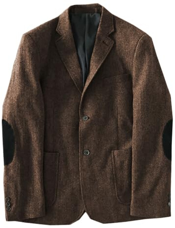 Stillluxury Giacca da uomo marrone con toppa a gomito in tweed blazer sportivo monopetto con risvolto dentellato giacca vintage per gli uomini, XXL