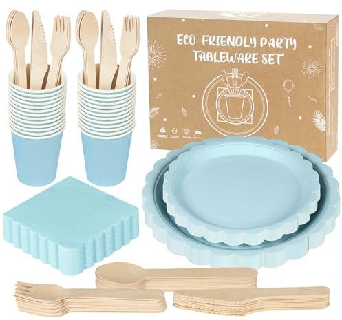 Anstore Blue Party Plates with Scalloped Edge Cutlery Cups for 25 Guests | All-in-One Party Tableware Including Napkins Knives Spoons Cups Plates for Wedding Birthday Picnics