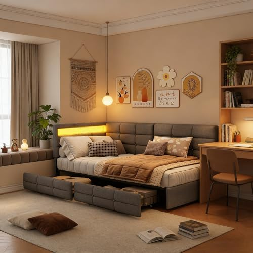 Canapé Lit 1 Place, 90x200 cm, lit de Jour Rembourré Canapé LED, Lit Simple avec 2 Tiroirs, Canapé-lit avec Charge USB, Sommier à Lattes, Lin, Gris (Matelas Non Inclus)(Gris-B)