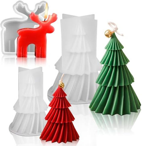 2 Pezzi 3D Forma di Albero di Natale Stampo + 1 Pezzi Stampo in Silicone Natale Renna, Stampi per candele di Natale, Stampi in Silicone per Candele, per Realizzare Candele Profumate e Sapone (B)