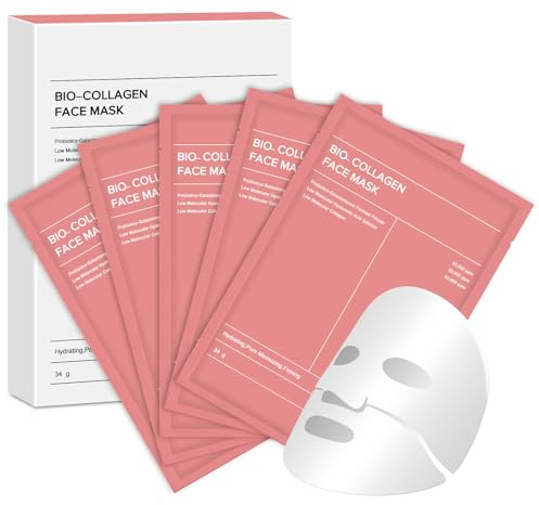 Masque Collagene Visage, Bio Collagen Real Deep Mask 5 Pièces, Hydratant Anti-Âge, Réduit Pores et Améliore Élasticité, Soin Raffermissant, Convient à Tous Types de Peau