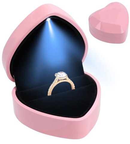 Zynqo Ring Box With Led Light, Heart Velvet Shape Jewellery Gift Box Ring Boxes for Jewellery Diamond Luxury Storage Boxes Case for Proposal Wedding Valentine'S Day Wedding Mother'S Day (Pink)