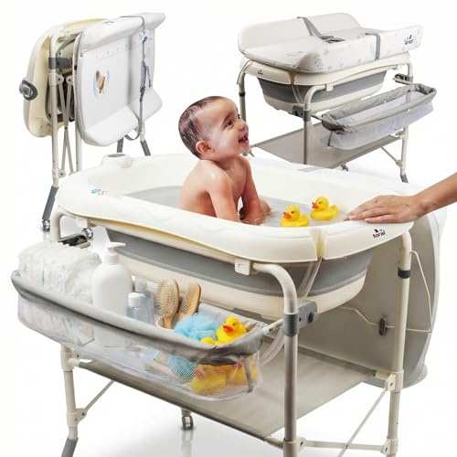 toral Bañera bebe plegable con cambiador y patas regulables - Bañera cambiador bebe plegable con termómetro, ruedas con freno y almacenamiento - Ideal para recién nacidos y bebés hasta 36 meses