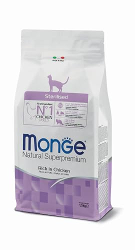 Monge Natural Superpremium Sterilised, Ricco in Pollo, Cibo Secco per Gatti, 1 confezione da 1,5 kg