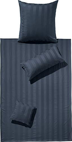 Erwin Müller Mako-Damast Bettwäsche-Set Fürth mit Streifen, Bettbezug, anthrazit Größe 80x80 cm / 135x200 cm - temperaturausgleichend, Kochfest, mit Reißverschluss, 100% Baumwolle