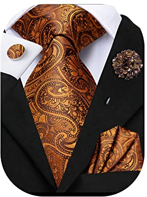 Hi-Tie Silk Men's Tie and Pocket Square Cufflinks Lapel Pin Set Jacquard Wedding Business Necktie for Formal,Dark Orange