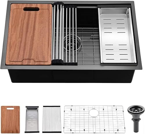 84 cm undermonterad diskbänk svart – Bokaiya 33 x 19 matt svart rostfritt stål undermonterad arbetsstation diskho 16 Gauge djup enkel skål diskbänk med skärbräda
