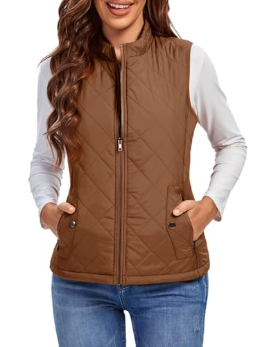 fuinloth Damen Weste, Herbst Leichte Steppweste Westen Ärmellos Jacke Kurz Vest Gilet Braun L