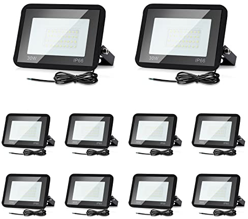 Izrielar 30W LED Strahler Außen, 10er LED Scheiwerfer 2550LM Superhell Fluter, IP66 wasserdicht Industriestrahler, 6000K Kühles Weiß Licht Flutlicht Außenbeleuchtung, Leuchte für Garten Halloween Deko
