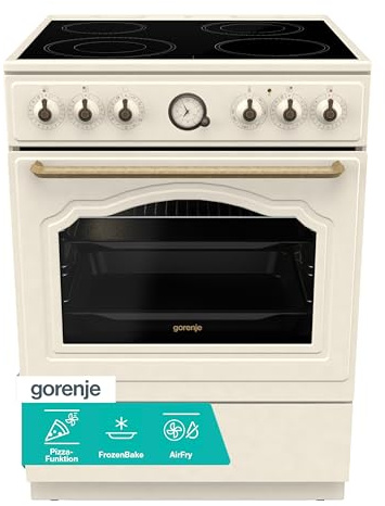 Gorenje Classico GECS 6 B70CLI - Stufa elettrica con piano cottura in vetroceramica, design retrò, 60 cm, 71 litri, chiusura delicata, riscaldamento rapido, AirFry/ExtraSteam/Pizza Mode/AquaClean