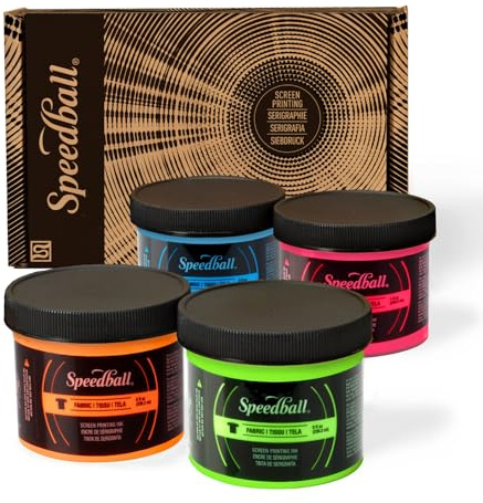 Speedball Fluorescent Screen Printing Ink Set 4X 4oz Jars, Water-Based Print Making Ink, Low Odour, Easy Clean Up, Works On Paper, Cardboard, Cotton, Canvas, Fabric, Synthetics, Art Set Supplies