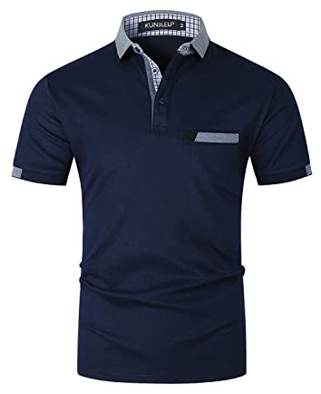 KUNJLELP Ficka polo för män kortärmad skjorta rutig krage chic arbetsskjorta uniformer, A-marin, 3XL