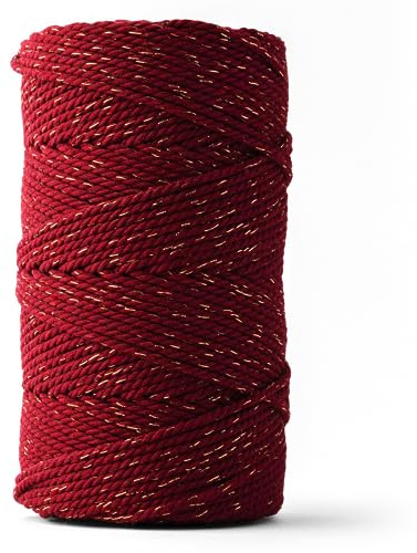 LEDENT Makramee Garn (3mm, 120M, Burgund mit Goldfaden) - Doppelt gedrehtes Seil aus 100% Recycelter Baumwolle zum Basteln - Dickes Makramee Garn für kreative Projekte