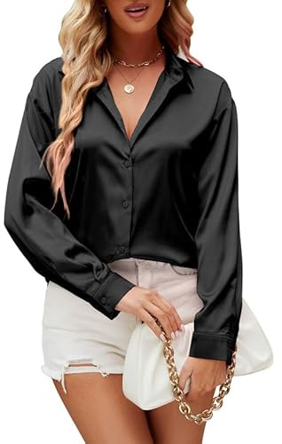 Damipow Satin Silk Button Down Shirts for Women Dress Shirts Long Sleeve Blouses Womens Shirt,Black,L